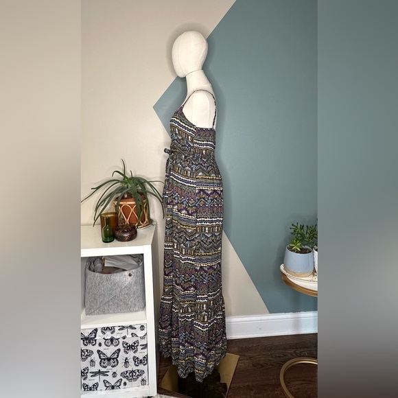 LUSH Boho Maxi Dress S Ethnic Print Navy Purple Sleeveless Ruffle Hem Festival - Picture 3 of 10
